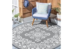 Enyhom Outdoor Teppich Rund 180 cm, Wetterfest Wendbarer Bodenmatte Kunststoff Terrassenteppich Außenteppich UV-beständige RV Camping Balkon Teppich für Patio Strand BBQ Picknick Deck Wohnzimmer