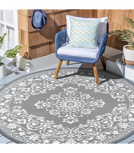 HomebyHome Indoor & outdoor tapijt, weerbestendig, sisal-look, zilver, 200 cm rond, balkontapijt, waterbestendig, wasbaar, plat weefsel, ideaal voor keuken, camping, tuin en terras