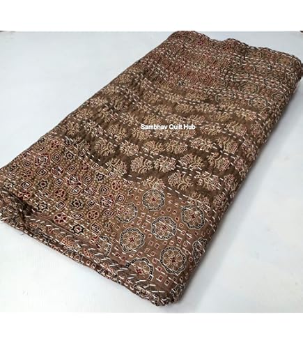 Handmade Cotton Kantha Quilt - Hippie Floral Block Print, Vintage Bohemian Throw Blanket | Queen/King Size 90"x108"