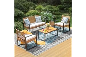 MFSTUDIO Polyrattan Gartenmöbel Set Balkonmöbel Outdoor Sitzgruppe Set Terrassenmöbel Lounge Gartenmöbel Set Tischplatte aus Massivem Akazienholz Braun Rattan Beige Kissen