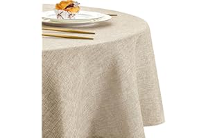 DWCN Tovaglia Rotonda 140 cm Effetto Lino, Antimacchia Tovaglie Lavabile, Impermeabile Protezione per Compleanno, Sala Pranzo, Esterni Giardino, Feste Matrimoni, Capodanno, Natalizia，Lino Beige