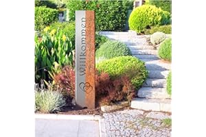 ‎TUNING-ART tuning-art EW100 Gartenstecker Gartenschild Willkommen | Edelrost Garten Deko | Abkantung | 120cm x 21cm, Motiv:Traditionell