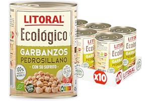 Litoral Garbanzos Ecológicos Variedad Pedrosillano con su sofrito - Plato Preparado Sin Gluten - Pack de 10x425g - Total: 4,25kg