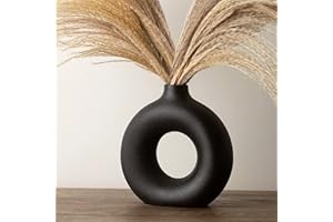 RYDDELIGHOME Black Vase for Pampas Grass, Black Living Room Accessories, Black Ornaments, Black Ceramic Donut Vase, Matt Black Round Circle Vase, Black Room Decor, Black Bedroom Accessories, Modern Shelf Decor