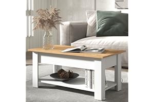 Galano Brixburn Lift Up Coffee Table - Modern Distressed Oak Finish - Storage Cabinet for Entryway - Foyer - Living Room - Space Saving (White/Oak)