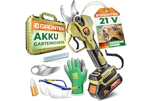 GRÜNTEK Akku Astschere 21V 2Ah Brushless, Elektrische Gartenschere Akku bis 30mm, 400W Bürstenloser Motor SK5 Klinge Makita-Kompatibel, Koffer Komplett-Set Baumschere Akkuschere