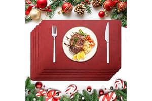 Purejoy Red Placemats Sets 6, Table Mats PU Leather Heat-Resistant, Washable and Non-Slip 43 * 30 cm Dinner Table Mats Set of 6, christmas place mats,christmas dinner set