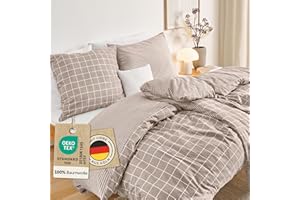 ‎BLUMTAL Blumtal Biber Bettwäsche 135x200 + 80x80 cm Baumwolle 2teilig - Flanell Bettwäsche 135x200 Oeko-TEX zert. & Ultra weich - 60 °C waschbare Flanell Winterbettwäsche mit edlem Wendedesign - Taupe