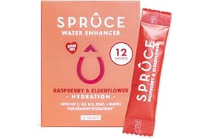 SPRUCE Sugar-Free, Low Calorie Water Enhancer With Vitamins & Minerals – Skin, Enhance Beauty, Support Immunity, Heart & Brain, Boost Metabolism – Raspberry & Elderflower, 12 Sachets
