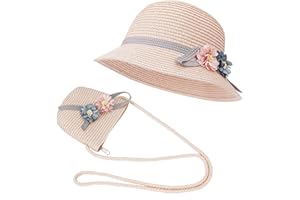 FT-SHOP Cappello da Sole per Ragazze Cappello di Paglia Cappello da Spiaggia Estivo e Mini Set di Borse con Decorativo Fiori per Vacanze attività All'aperto