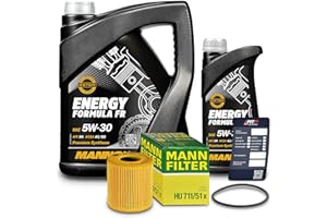 BESTPRICE Inspektionspaket Filterset mit 1x MANN-FILTER Ölfilter; 6l Motoröl 5W-30 MANNOL ENERGY FORMULA FR; 1x Ölwechsel-Anhänger