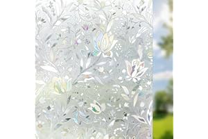 Qualsen Window Film Privacy Film for Glass Windows Rainbow 3D Tulip Patterned Stained Glass Window Film Frosted Opaque Removable Self Adhesive Static Cling Decoration Glass Film for Home, 44.3 x 200cm