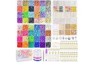 JOISHOP 7200pcs Clay Beads for Bracelet Making Kit, 48 Color 3 Boxes Flat Round Polymer Clay Beads Heishi Clay Spacer Letter with Pendant Charms Kit for Necklace Jewelry Making Earring DIY Craft