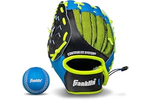 Franklin Sports Teeball-Handschuh - Links- und Rechtshänder Jugend-Fielding Handschuh - Neo-Grip - Baseballhandschuh aus Kunstleder - 22,9 cm - Spielfertig Handschuh mit Ball