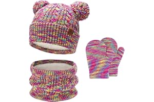 BEQUEMER LADEN Kinder Winter Pompom Mütze Loop Schal Handschuhe Set, Wintermütze Fäustlinge für 0-4 Jahre Baby Kleinkinder, Strickmütze Touchscreen Handschuhe für 5-8 Jahre Mädchen Jungen