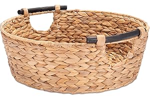 Decorasian Cesta redonda trenzada de algas marinas con asas de madera, jacinto de agua, 42 cm, cesta grande natural