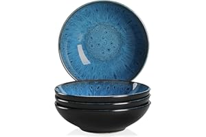 vancasso Bubble Stoneware Wide and Deep Pasta Bowl Set, 4-Piece Reactive Glaze Blue Soup Plate, 8.2in Soup Bowl Large Bowl. 950ml/32oz