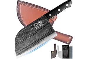XYJ Autentico Dal 1986, eccezionale forgiatura antica, 7,5 pollici Tang pieno, coltello da cucina serbo, Cleaver macellaio di carne con guaina di cuoio, per il campeggio o all'aperto