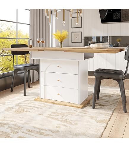 Table à manger extensible rectangle JULIETTE 6-10 personnes pied central effet lattes avec rangement 160-200 cm