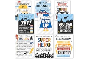 HADLEY DESIGNS 9 Superhelden-Klassenzimmer-Dekorschilder – Willkommensschild für Klassenzimmer, Motivationsposter für Klassenzimmer, Pinnwand-Dekorationen, Wachstums-Denkweise, Klassenzimmer-Poster, Grundschule,