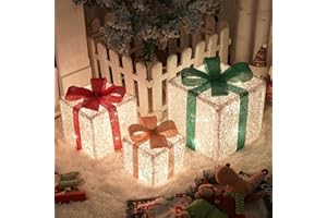 OVOISSTIY Cajas de Regalo Navidad con Luces, Juego de 3 LED Cajas Decorativas Navidad Luces 8 Modos con Mando a Distancia, Cajas Regalo Iluminadas para Decoración Navideña Árbol, Fiesta