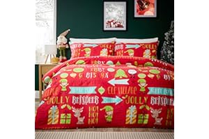 Olivia Rocco Christmas Duvet Cover Set Festive Bedding Quilt Cover Xmas with Pillowcases Reversible Design Easy Care Bed Linen Sets, Festive Fun Red, Single