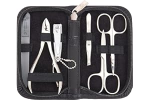 DREI SCHWERTER - Juego de 6 piezas de uñas 'Verona' | Juego completo de manicura y pedicura en estuche negro de piel auténtica | Contenido: tijeras para uñas, tijeras para piel, cortaúñas, lima de