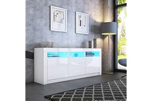 BESTWANTED Sideboard, White High Gloss Sideboard Cupboard, Sideboard Storage Cabinet with LED Lights, Sideboards for Living Room, 2 Doors 3 Drawers, Home Furniture Modern 160 x 35 x 72cm