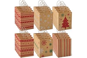 Switory 24pcs Christmas Wrapping Gift Bags, 6 Patterns Xmas Gift with Handles Christmas Goody Kraft for Holiday Party New Year Presents - 21.8X17.8X8.4cm