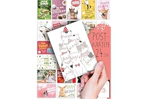 ‎SPIELEFABRIK Geburtstag: 24 süße POSTKARTEN | Niedliche Bilder/Motive | Sprüche/Texte | Happy Birthday | Glückwunsch | Karten-Mix | Geschenk | Tiere |Schön | Spruch | Liebe | Grußkarte | Deko | DIN A8