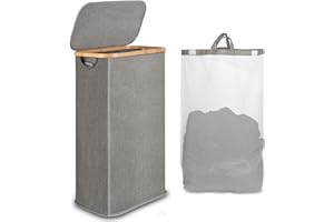 iEGrow Laundry Basket with Lid 60L, Tall Laundry Hamper with Removable and Washable Inner Bag and Handles, Small Storage Washing Baskets for Clothes Toys Towels (Grey)