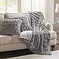 Comfort Spaces Ruched Faux Fur Plush Throw Blanket Set Ultra Soft Fluffy with 2 Square Pillow Covers (50"x60", Grey) - 3 Pieces