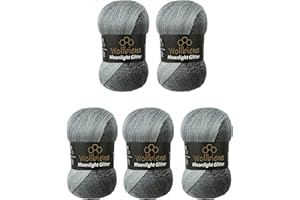 WOLLBIENE Moonlight Glitter Batik Simli, 5 gomitoli di lana da 100 g, 500 g, per lavorare a maglia e all'uncinetto, 20% lana metallica, lana turca, sfumata di colore (5000 nero, grigio bianco)