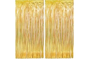 FAIRYMAIDEN 2 Rideau Métallique Tinsel Dorés, Rideaux à Franges en Aluminium Dorés Porte Fenêtre Décoration, Toile de Fond pour le Nouvel An, Anniversaire Fête de Mariage Remise de Diplôme Décoration 1x2m