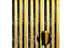 SAHMVER 3Pcs Foil Fringe Curtain 3.3ft x 8.2ft Black Gold Metallic Tinsel Curtains Streamers for Photo Backdrop, Doorways, Party Decorations for Birthdays, Baby Showers, Wedding