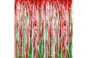 QUACOWW Christmas Tinsel, Foil Fringe Curtain Red Green, Metallic Tinsel Foil Fringe Curtains 3.2ft x 6.5ft Backdrop Party Streamers Door Streamers for Christmas Party Birthday Graduation Wedding