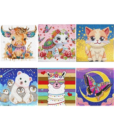 4-teiliges Diamantmalerei-Set Für Kinder – Tier-Motive 15x15 Cm (Panda, Schildkröte, Eule, Kuh)