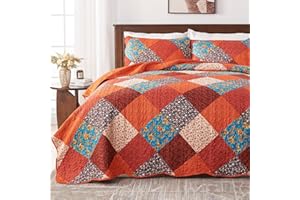 Qucover Colchas Cama 180, Conjunto de Cubrecama 250x270cm Estampado Multicolor Rojo Naranja Azul con 2 Fundas de Almohada, Manta Cama Floral Reversible Microfibra Suave y Ligero para Invierno y Verano