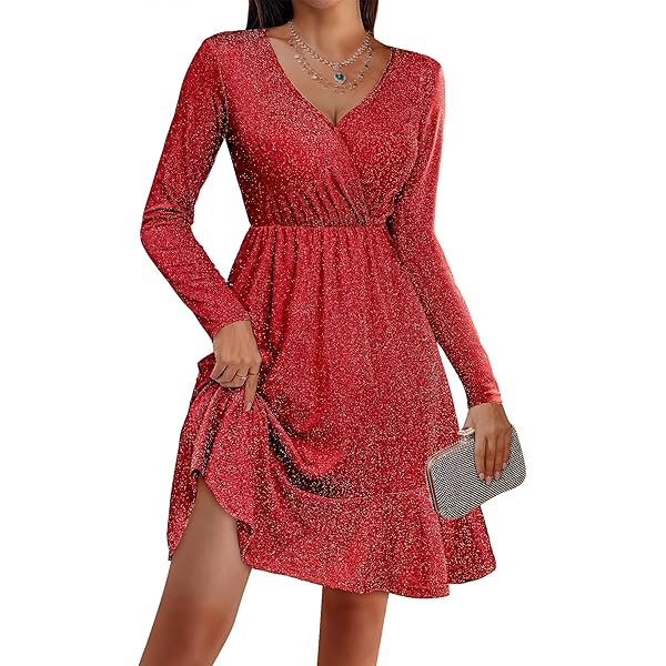 Samtkleid Damen Kurz Mit Pailletten - V-Ausschnitt, Langärmlig, A-Linie, Für Silvester, Weihnachten & Partys