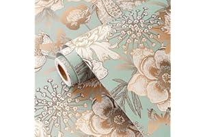 YULLPAPER Yullpape Papier Peint Fleuri Vert Doré Papier Adhesif pour Meuble Papier Peint Adhesif Mural Motif Fleur Oiseaux Chambre Salon Papier Adhésif Décoratif Vintage Revetement Adhesif Meuble 44,5cm x 260cm