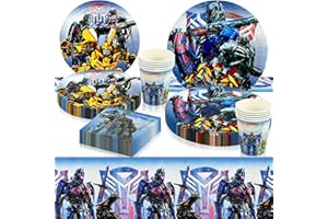 Pusuanzi Transformers Pappteller Kindergeburtstag, Transformer Partygeschirr 51-teiliges Party Set für Junge - 10 7'' Pappteller, 10 9'' Pappteller, 20 Servietten, 10 Pappbecher, 1 Tischdecke