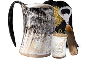 Fenrir Taza de cuerno vikingo de 16 onzas con vaso de chupito y abridor para cerveza cerveza y bebida fría, idea de regalo para el día del padre