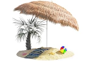 Kingsleeve® Hawaii Garden Parasol | 1.9m Height | 1.6m Diameter | UV30+ Protection | Tiltable | Height-Adjustable | Ground Spike | Large Round Straw Raffia Tiki Hut Thatch Umbrella | Natural