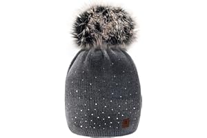 morefaz Femme Beanie Cristaux Chapeau Hat Crystal Grande Pom Pom Bonnet d'hiver Chaud Doublure Polaire MFAZ Ltd