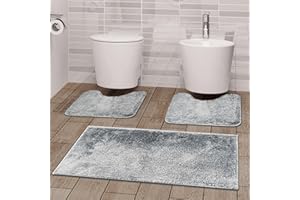 Comart - Tris Tappeti Faith Bagno - Set Tappetini Bagno: 1 Tappeto Rettangolare 45x75 cm + 2 Giro Water 45x75 cm - Morbidi e Pelosi - Asciugatura Rapida e Antiscivolo - Lavabili in Lavatrice - Grigio