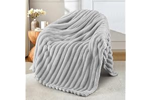 Exclusivo Mezcla Koc polarowy na kanapę, super miękki żakardowy koc 3D, w paski, lekki, puszysty, przytulny koc na każdą porę roku, 127 x 152 cm, jasnoszary