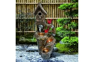 ZEDAZOOM Decorative Garden Birdhouse Three Tier Water Fountain Outdoor with LED Lights and Water Wheel
