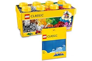 BRICK FLIP Lego Classic pudełko z klockami średniej wielkości + niebieska płyta: pudełka do przechowywania i płyty, pudełko z płytą montażową dla dzieci od 4 lat – zestaw startowy kombi