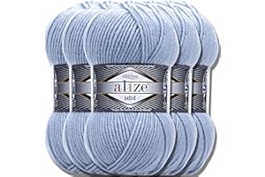 HOBBY YARN Alize Superlana Midi - 5 ovillos de 100 g de lana turca de algodón y acrílico liso, hilo para tejer, hilo para tejer a mano, hilo para tejer bufandas de bebé, color azul claro, 480