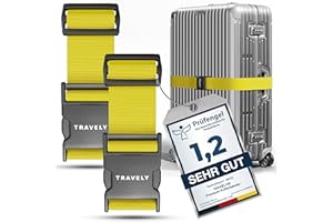 ‎TRAVELY Travely® Premium Koffergurt - Besonders Auffällig & Sicher - Inkl. 2 Namensschildern - Gepäckband ideal über Kreuz - [2er Set] - Gelb